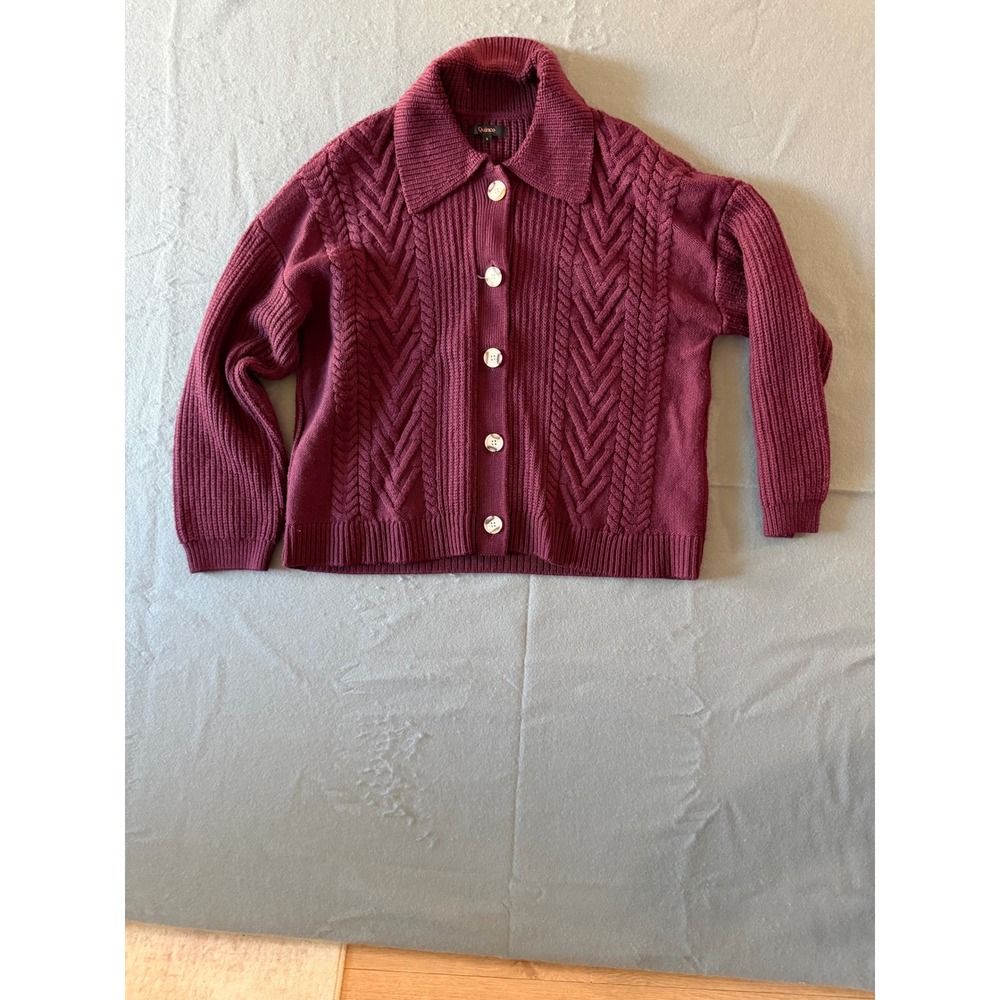 Quince Women Burgundy 100% Merino Wool Cable Knit Button Front Cardigan Sweater